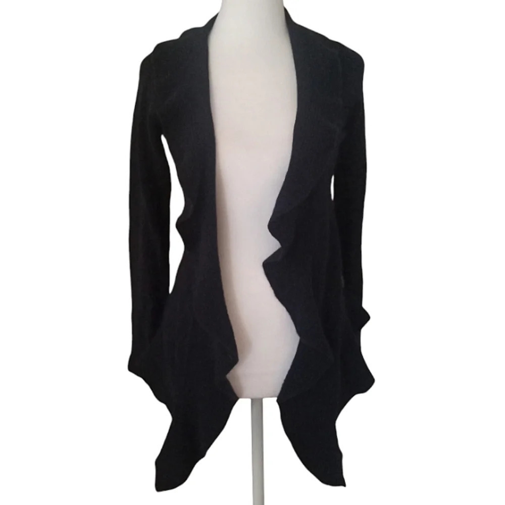 Kenar Women's Navy Blue Ruffle Front Trim 100% Cashmere Cardigan Size XS